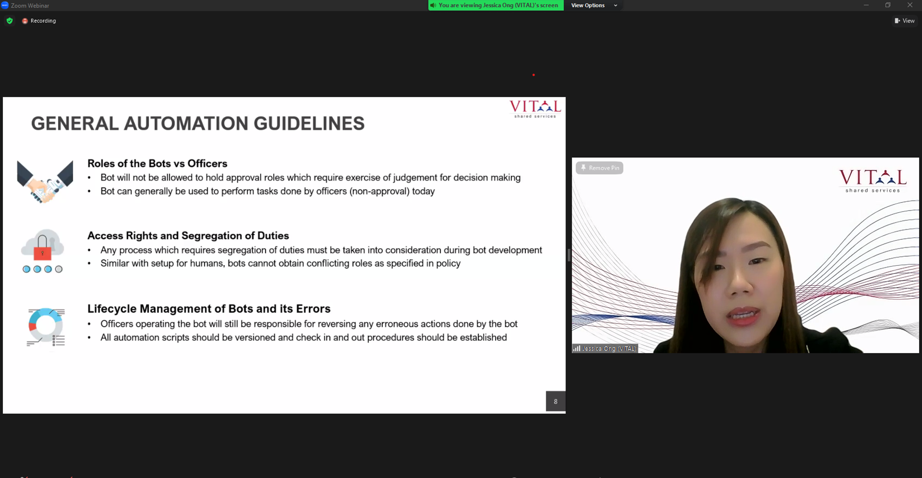 Zoom webinar showing a slide titled General Automation Guidelines beside a webcam view of a woman speaking.